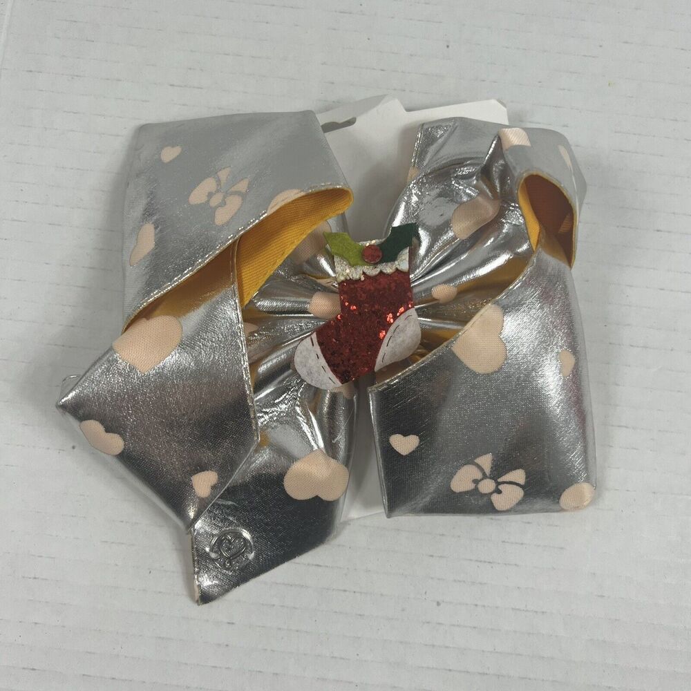 JoJo Hair Bow Christmas/Holiday Silver Hearts Bows Stocking, Large Christmas Bow